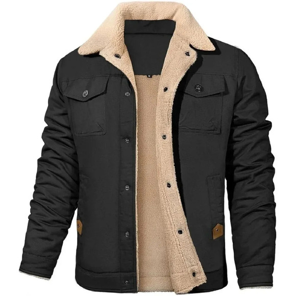 ❤️Men's Fleece Trucker Jacket  Winter Warm Sherpa Lined Cotton Cargo Coats Black - Picture 1 of 7